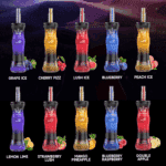 A collection of colorful vape bottles, each labeled with different flavors like Grape Ice, Cherry Fizz, and Blueberry, against a dark background