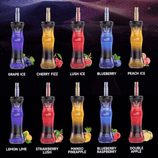 A collection of colorful vape bottles, each labeled with different flavors like Grape Ice, Cherry Fizz, and Blueberry, against a dark background