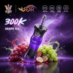 A vape device labeled "Grape Ice" with a purple finish, surrounded by grapes and splashes of juice, set against a cosmic background