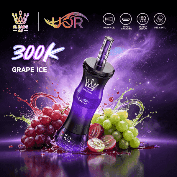 A vape device labeled "Grape Ice" with a purple finish, surrounded by grapes and splashes of juice, set against a cosmic background