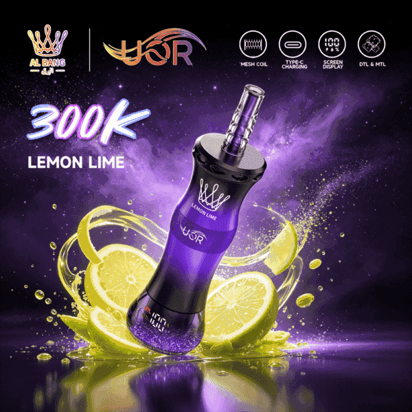 A purple vape device labeled "300K Lemon Lime" with a mesh coil, surrounded by splashes of lemon and lime slices