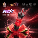 A vibrant vape device in red and black with "LUSH ICE" label, surrounded by splashes of watermelon and colorful cosmic background