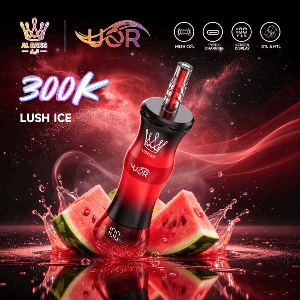 A vibrant vape device in red and black with "LUSH ICE" label, surrounded by splashes of watermelon and colorful cosmic background