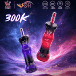 Two vape devices labeled "Grape Ice" and "Double Apple" are showcased against a cosmic background, with features highlighted like mesh coil and Type-C charging