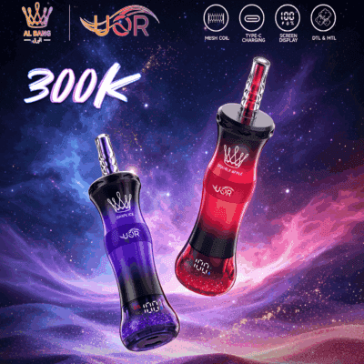 Two vape devices labeled "Grape Ice" and "Double Apple" are showcased against a cosmic background, with features highlighted like mesh coil and Type-C charging