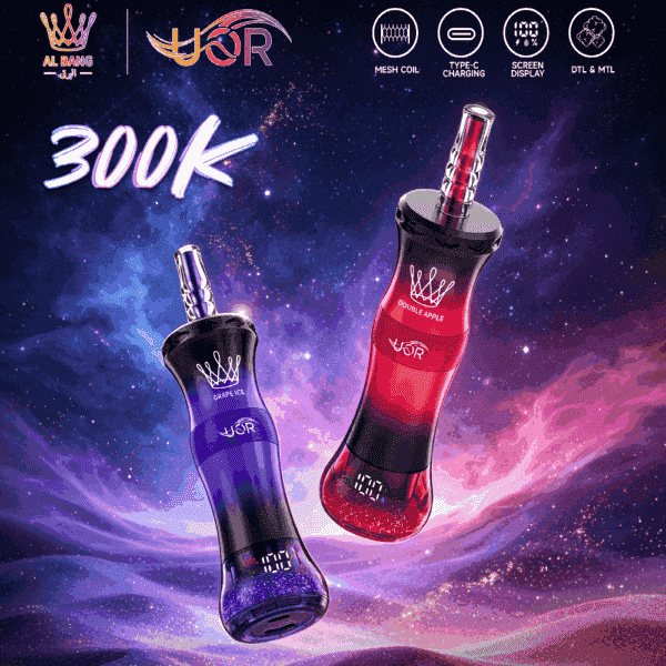 Two vape devices labeled "Grape Ice" and "Double Apple" are showcased against a cosmic background, with features highlighted like mesh coil and Type-C charging