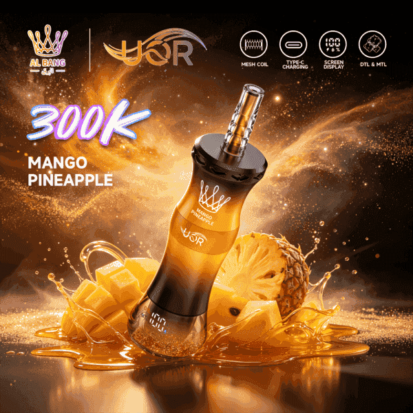 A colorful vape device labeled "Mango Pineapple" with fluid and fruit pieces around it, set against a sparkling background