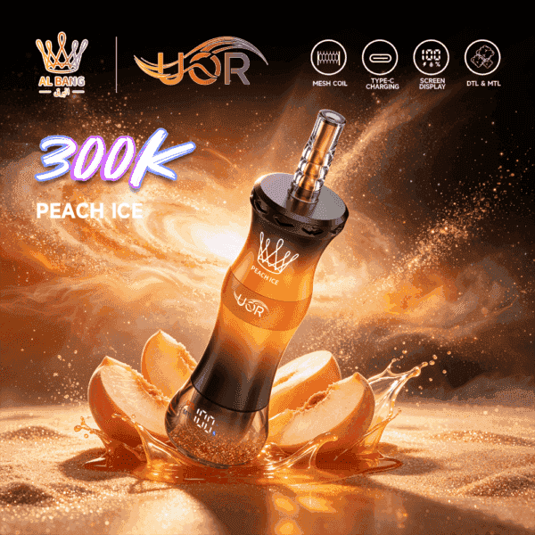 A stylish vape device labeled "Peach Ice" surrounded by splashes of liquid, with a peach sliced in half nearby