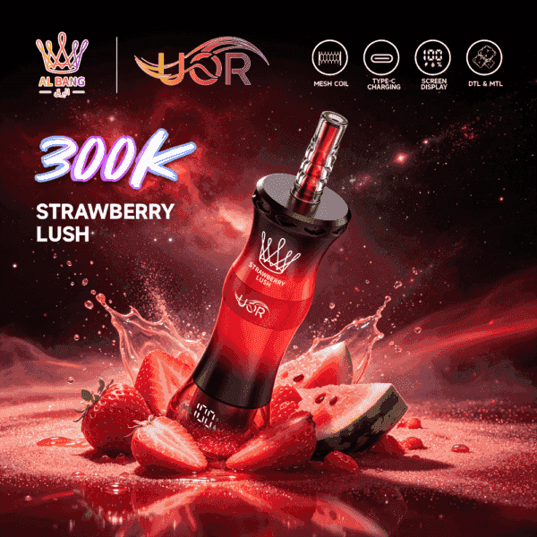 A vibrant red vape device labeled "300K Strawberry Lush" surrounded by fresh strawberries and watermelon, with a cosmic background